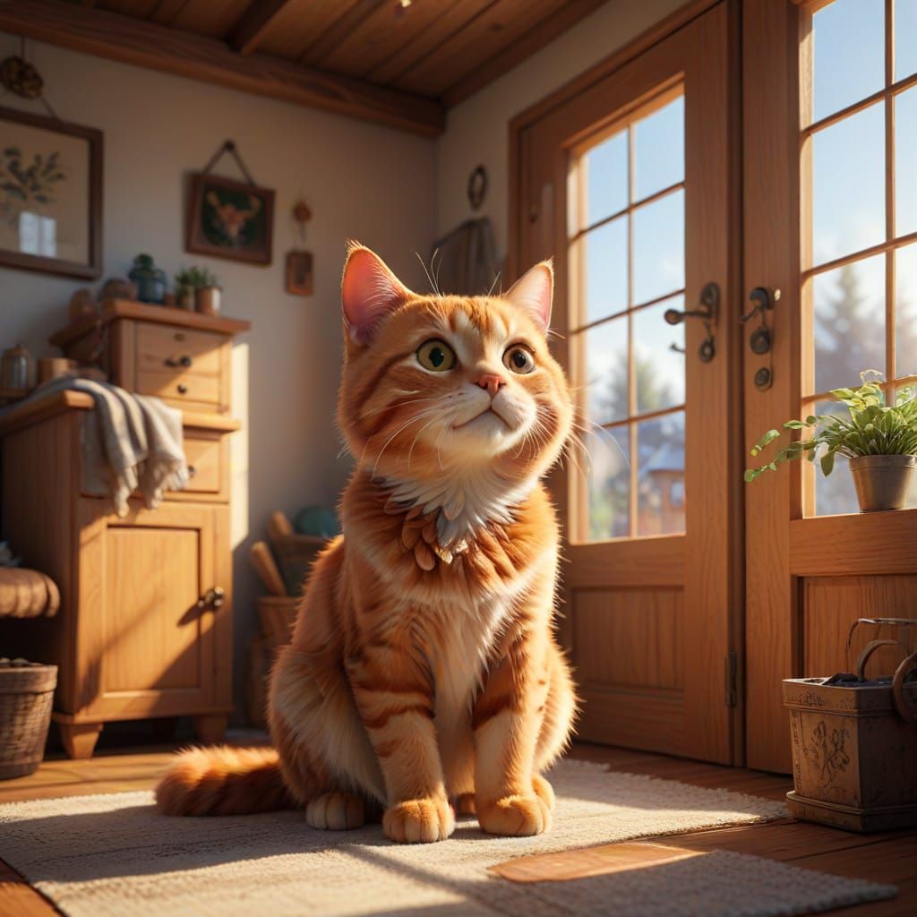 Ginger Tabby Cat Surprised in Cozy Morning Scene
