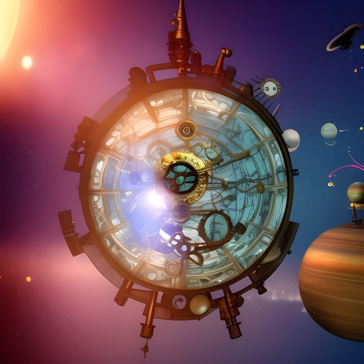 Steampunk Clockwork Globe Floating in Cosmic Starry Sky