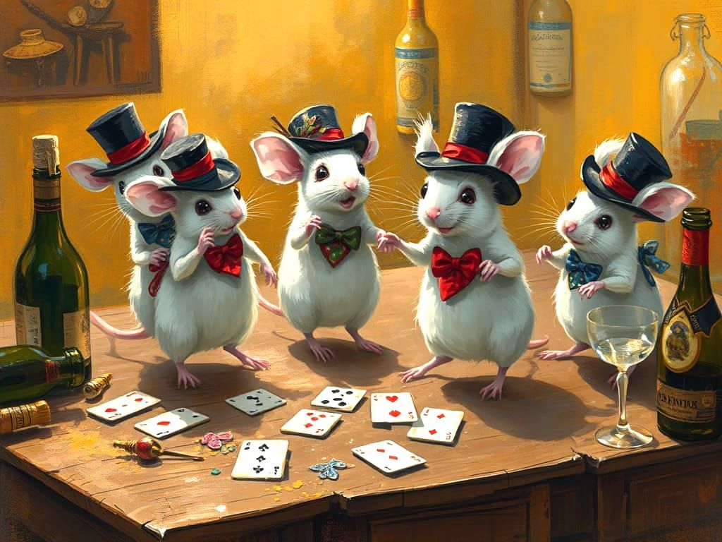 Whimsical White Mice Dance in Joyful Mayhem