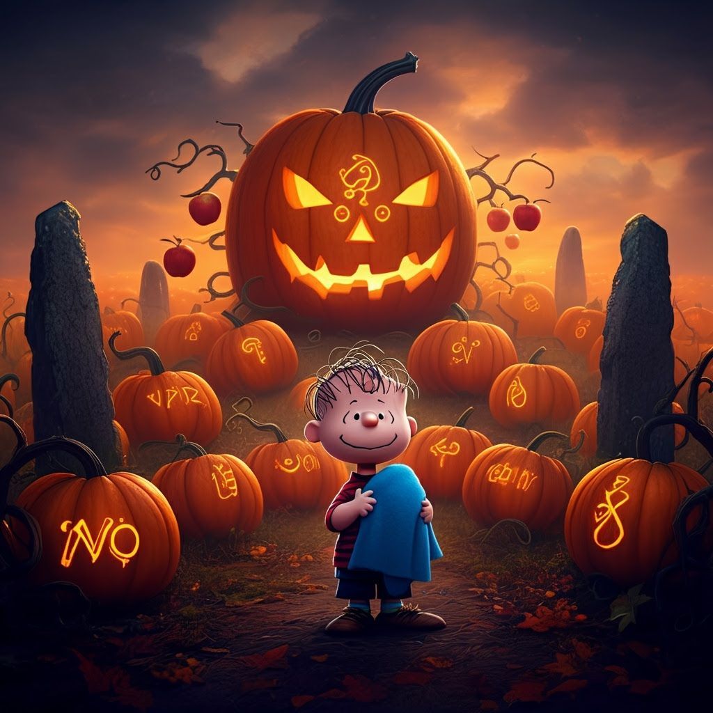 Enchanted Pumpkin Patch with Linus in Autumn Vortex Sky