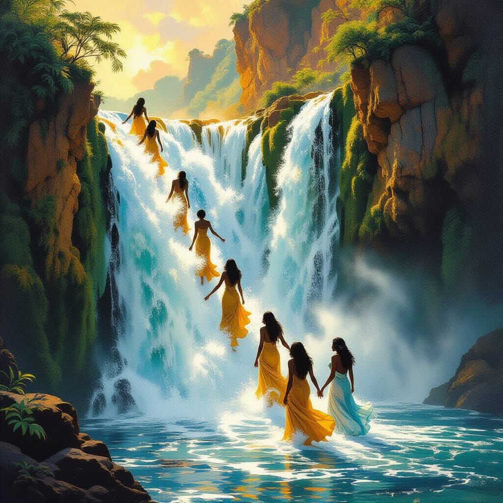 Melanated Women at Dramatic Waterfall in Surrealist Style