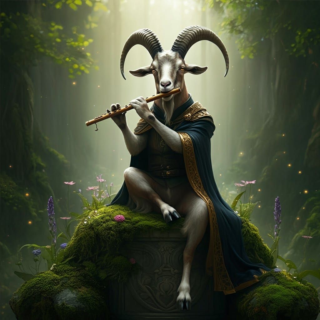 Regal Goat Plays Flute in Enchanted Forest