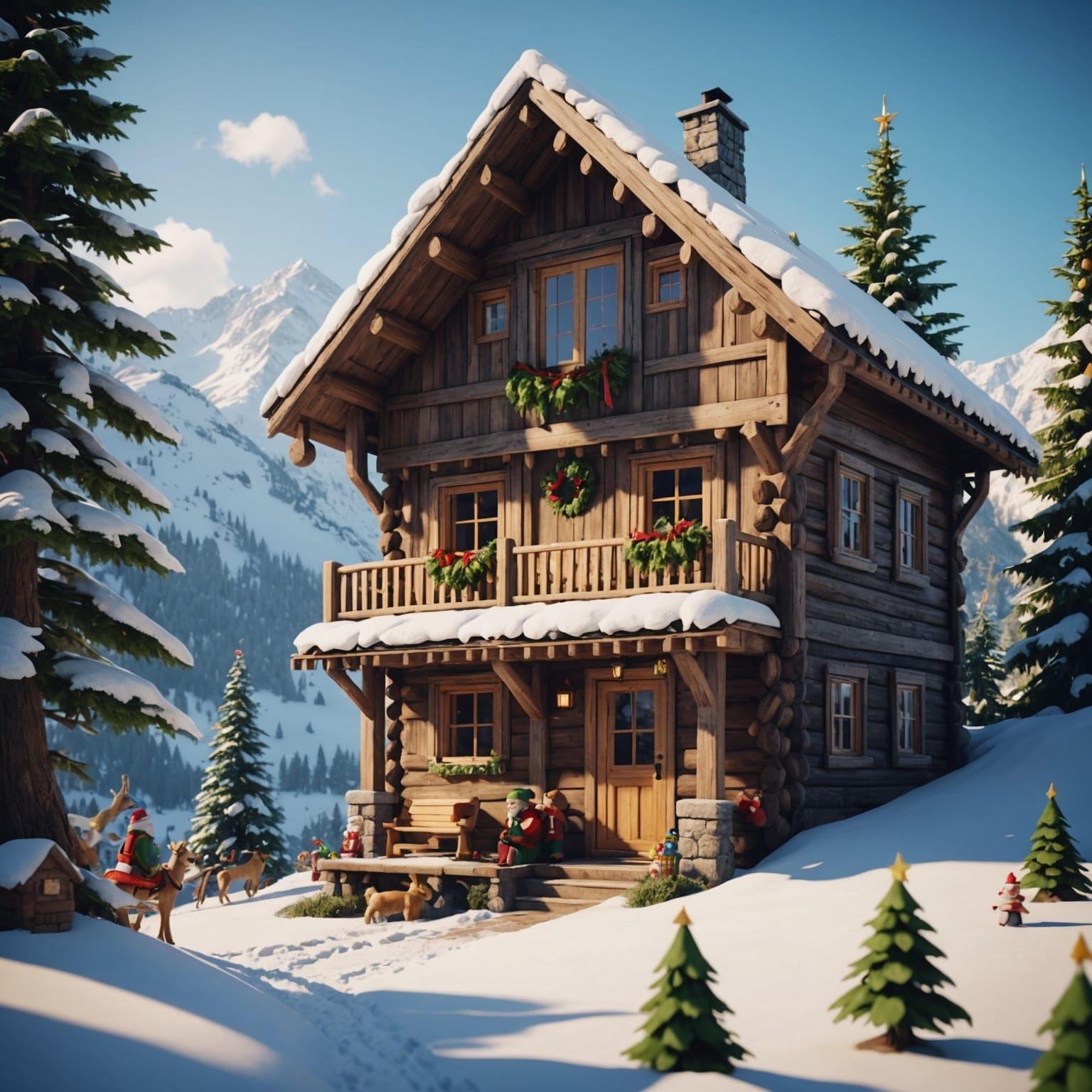 Festive Mountain Holiday with Friends: 3D Render
