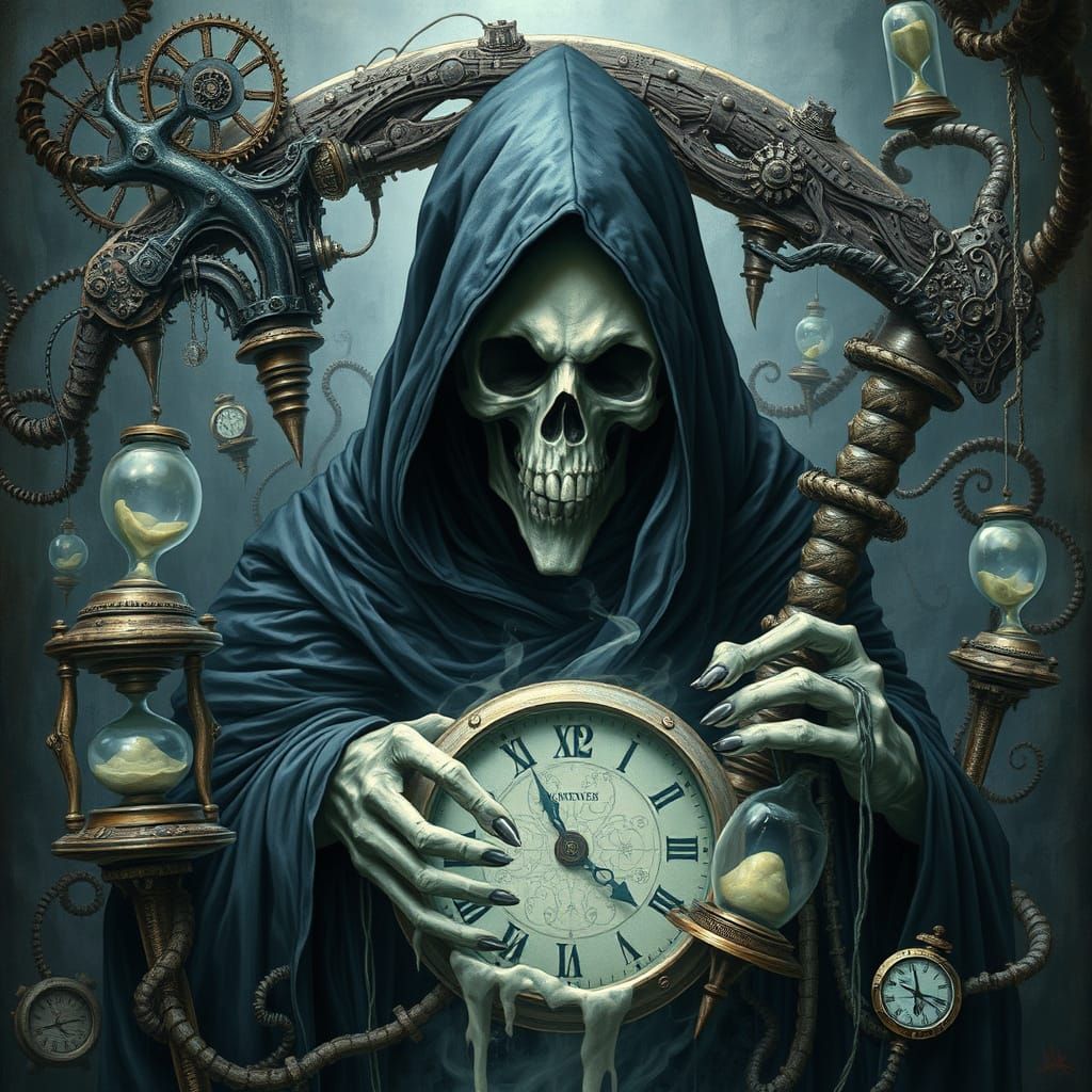 The Grim Reaper in Dalí-esque Clockwork Landscapes