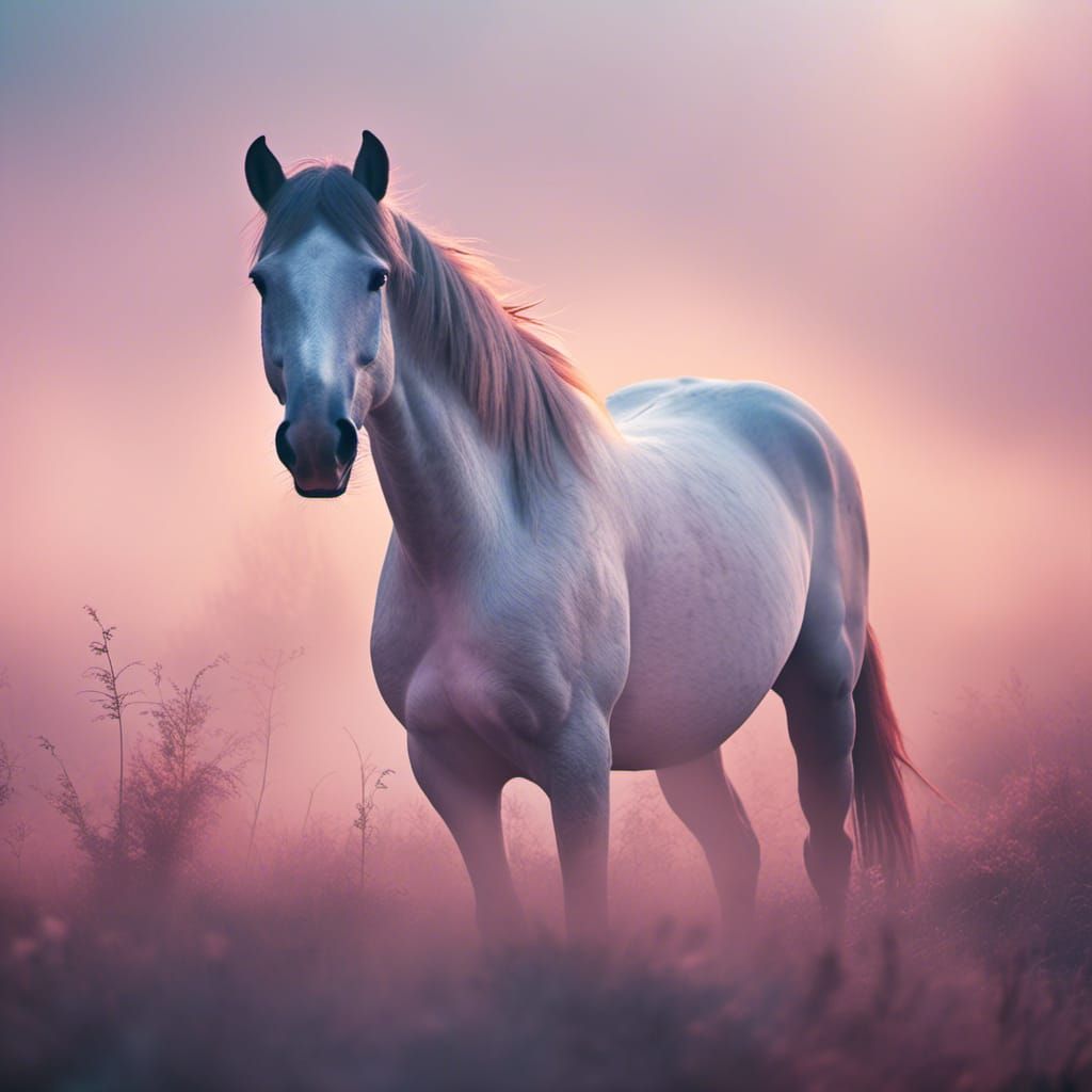 Dreamlike Horse Portrait in Misty, Surreal Landscape
