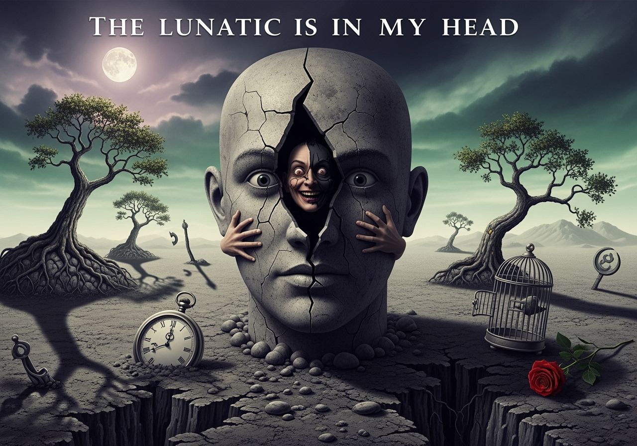 Surreal Cracked Head with Trapped Figure in Dreamlike Landsc...
