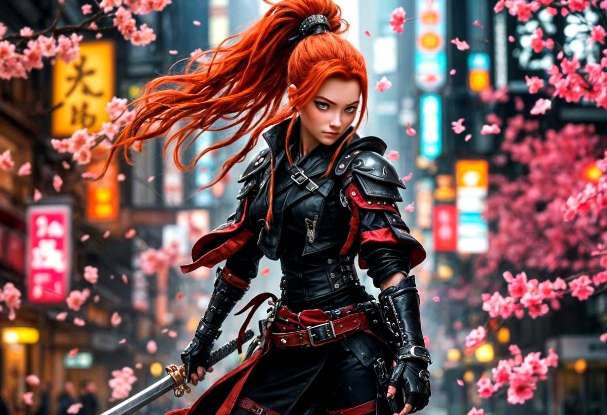 Neo-Samurai Punk Merida in Futuristic Cityscape