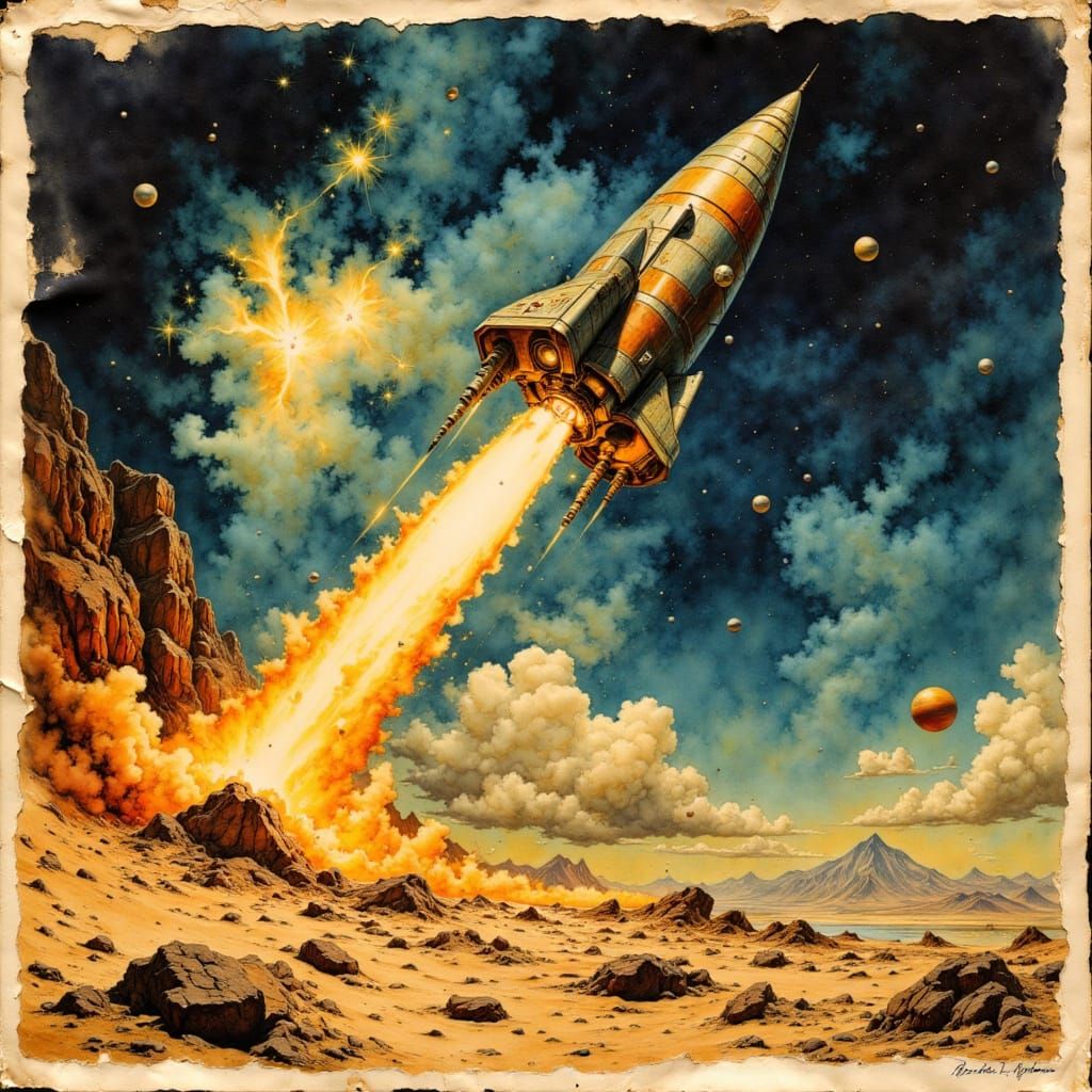 Vintage Sci-Fi Rocket Launch Art