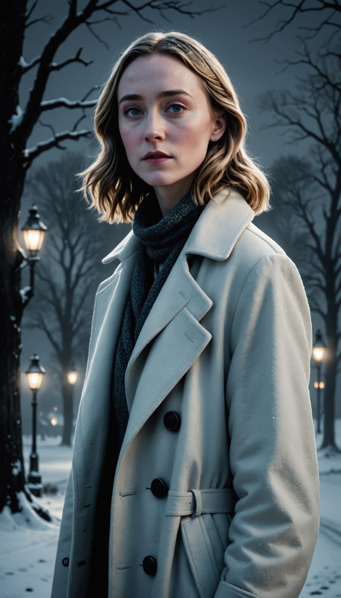 Mysterious Woman in Misty Winter Landscape