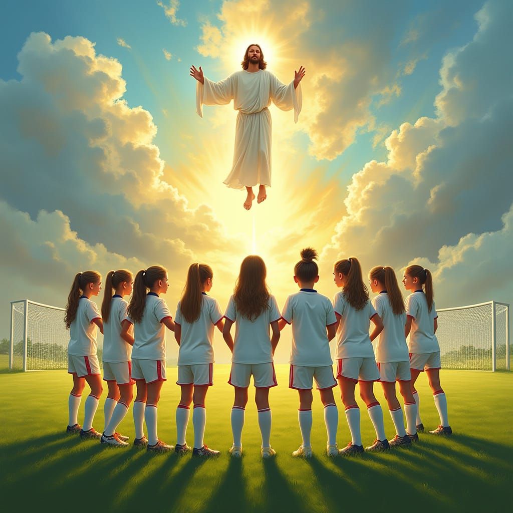 Girls Soccer Team in Huddle with Jesus in the Clouds