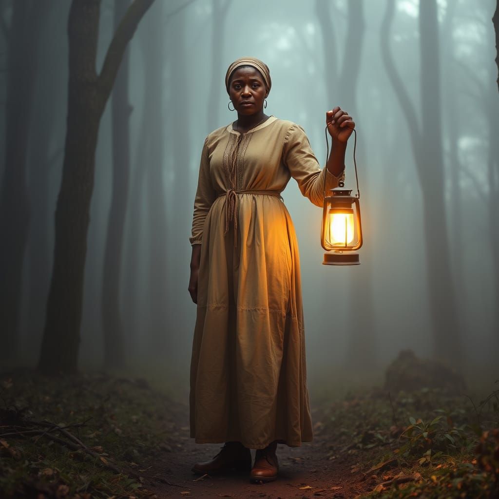 Resolute Harriet Tubman in 19th-Century Forest Landscape