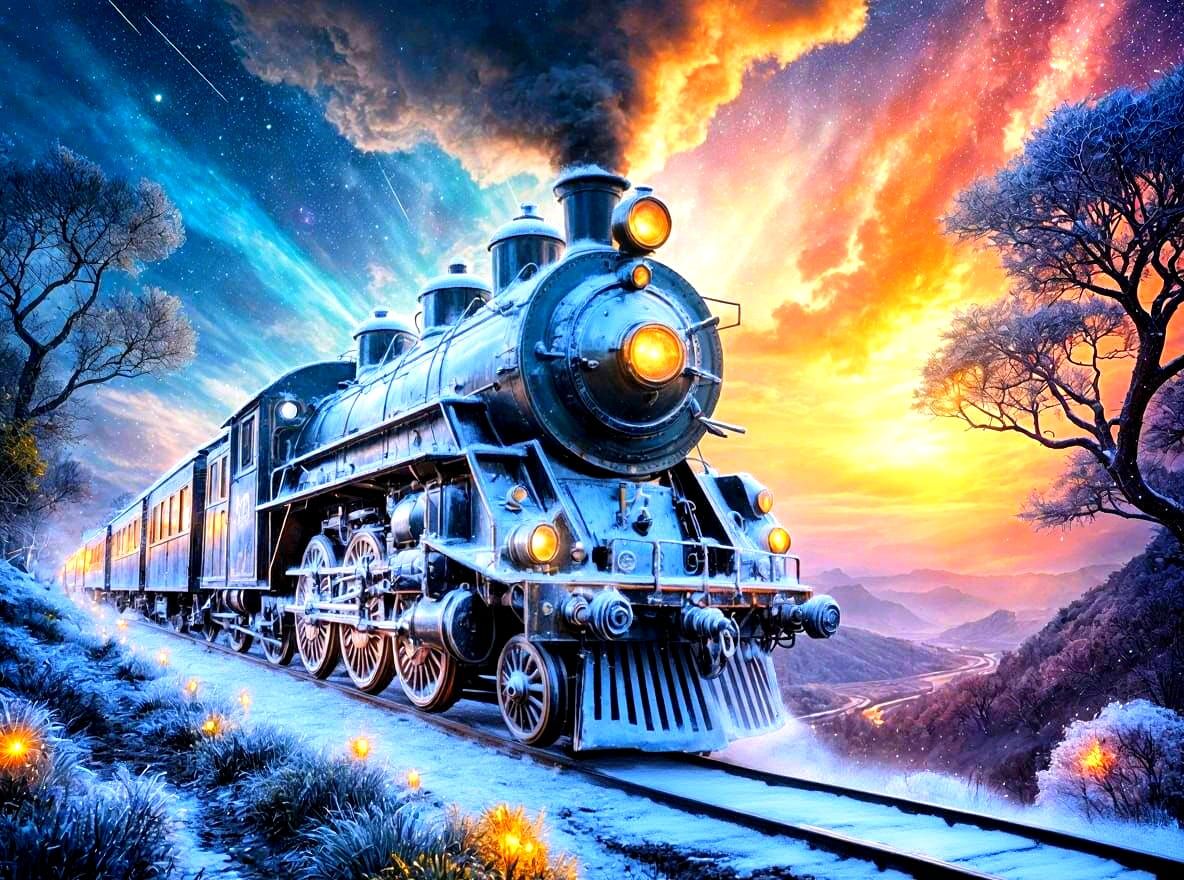 Cosmic Steam Train Glides Through Starry Crystal Landscape