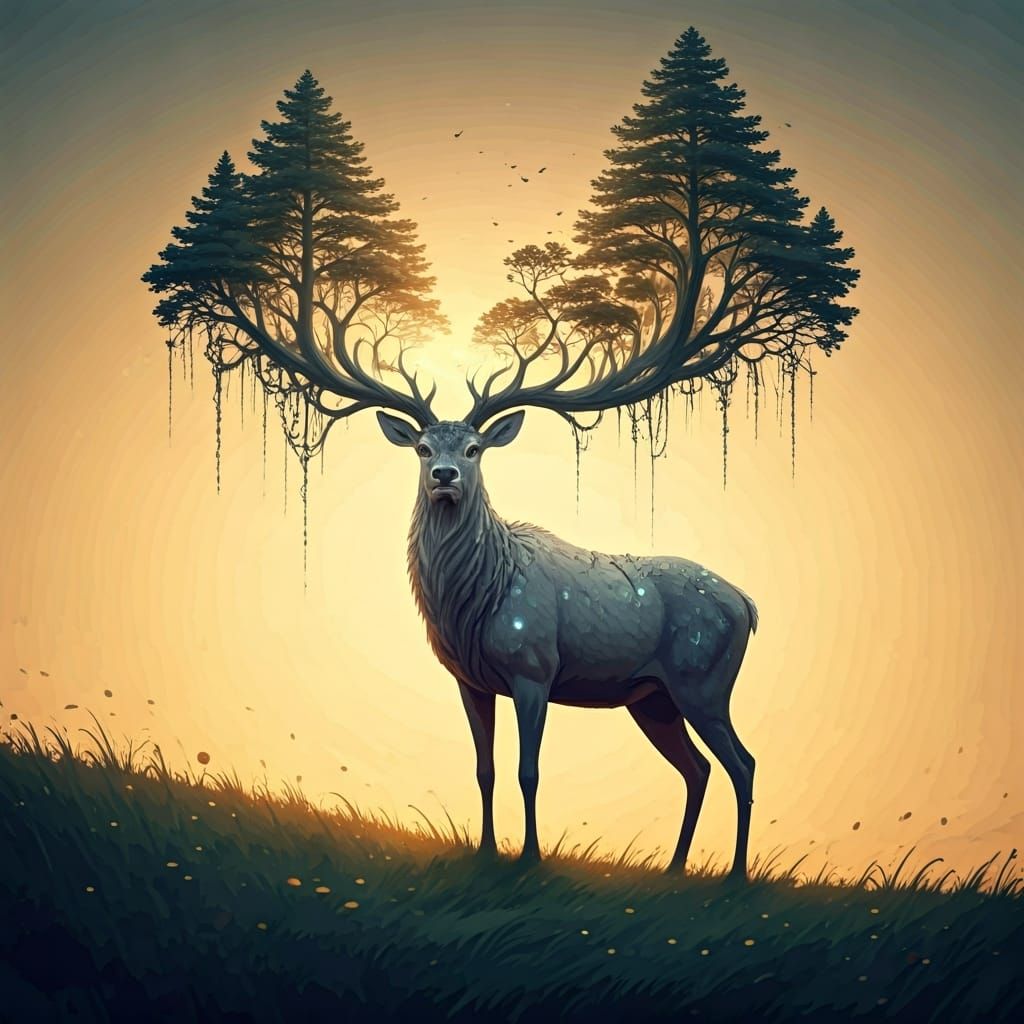 Stag with Forest Antlers at Sunset, Dreamlike Illustration