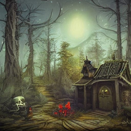 Baba Yaga in Dark Fantasy Forest Illustration