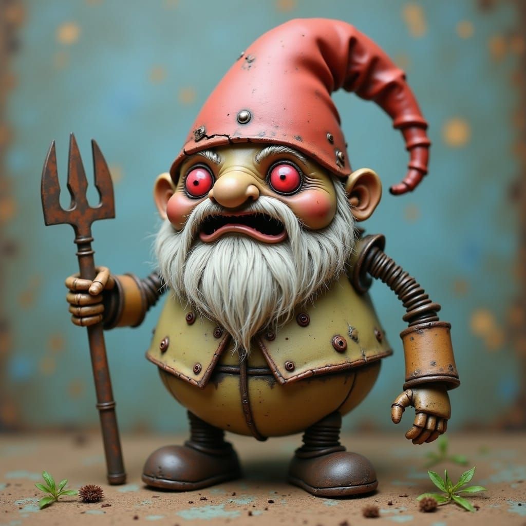 Surreal Ceramic Garden Gnome with Glowing Red Eyes