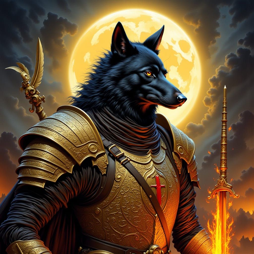 Armored Wolf Warrior with Fiery Sword and Blood Moon