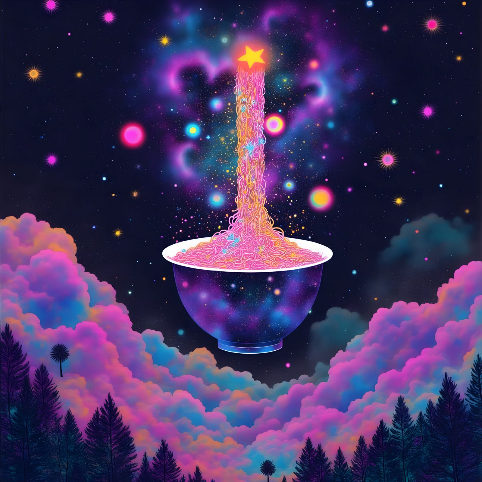 Experimental Ramen Noodles in a Vibrant Starry Night Scene
