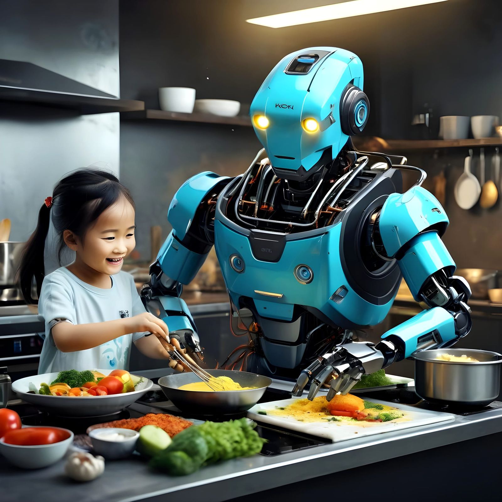 Robot Chefs Prepare Family Meal: Hyperrealistic Concept Art
