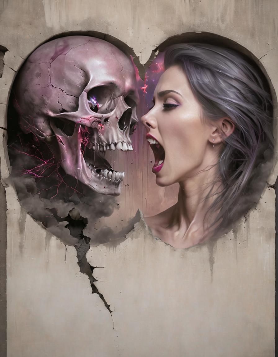 Screaming Skull and Human Face in Gothic Hyperrealism