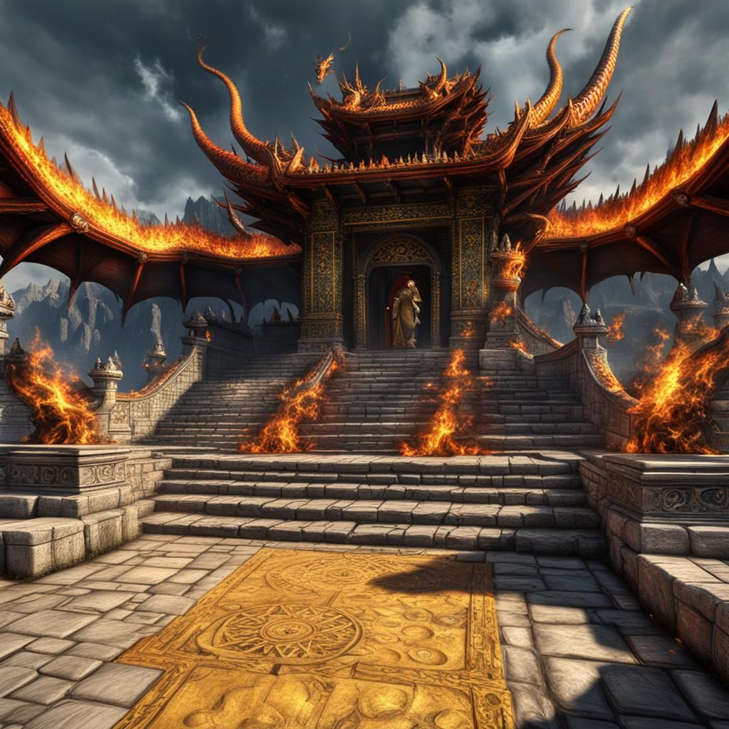 Medieval Fire Temple with Dragon, Hyperrealistic HDR