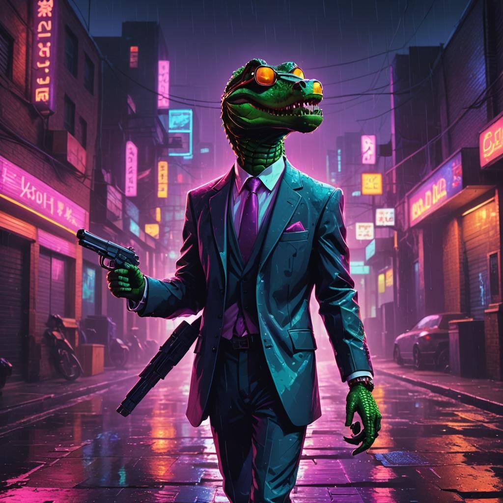 Alligator Hitman in Neon-Lit Retro Cityscape