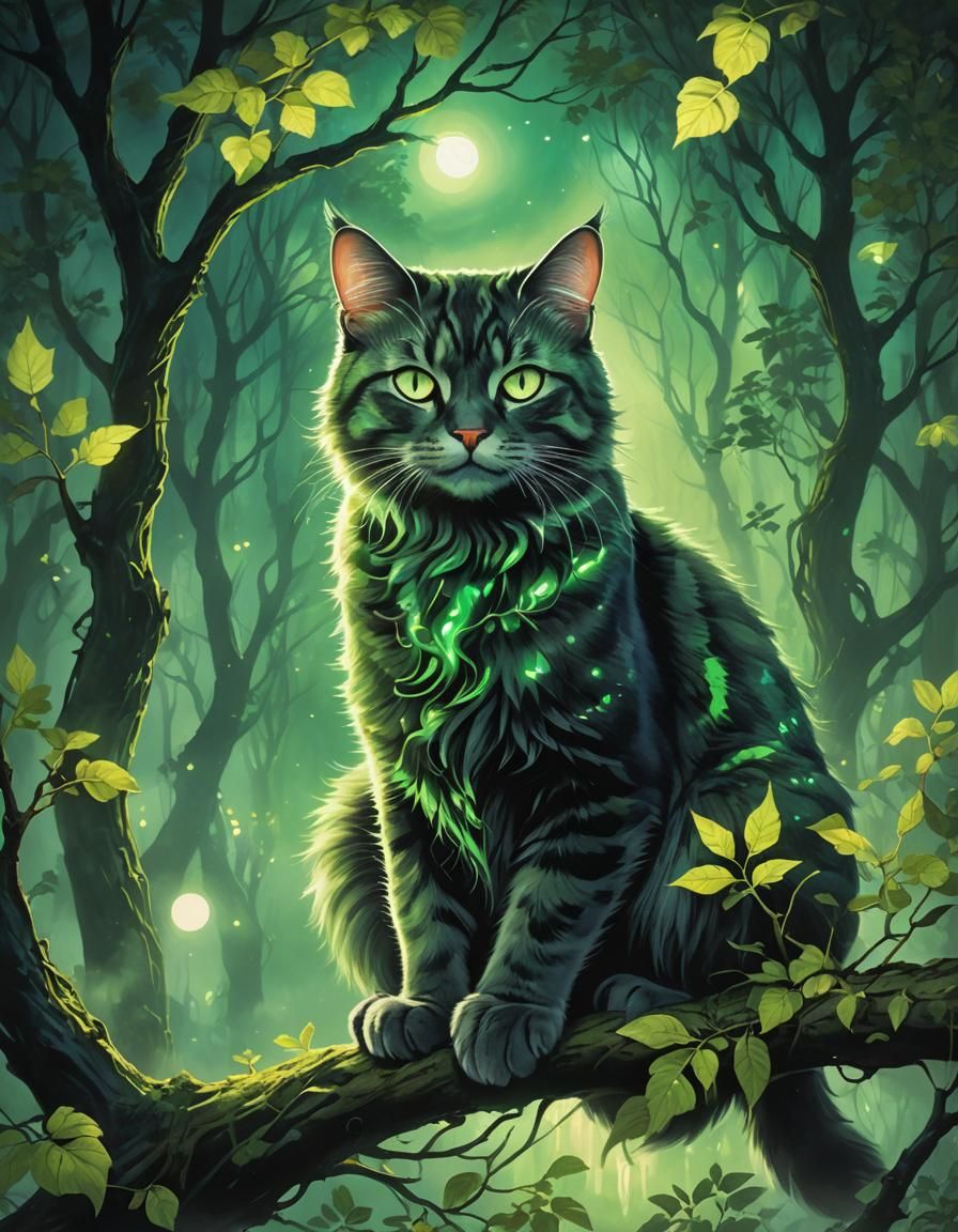 Mystical Cat with Glowing Eyes in Forest