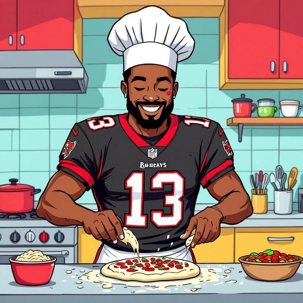 Football Star Chef Cartoon in a Whimsical Kitchen