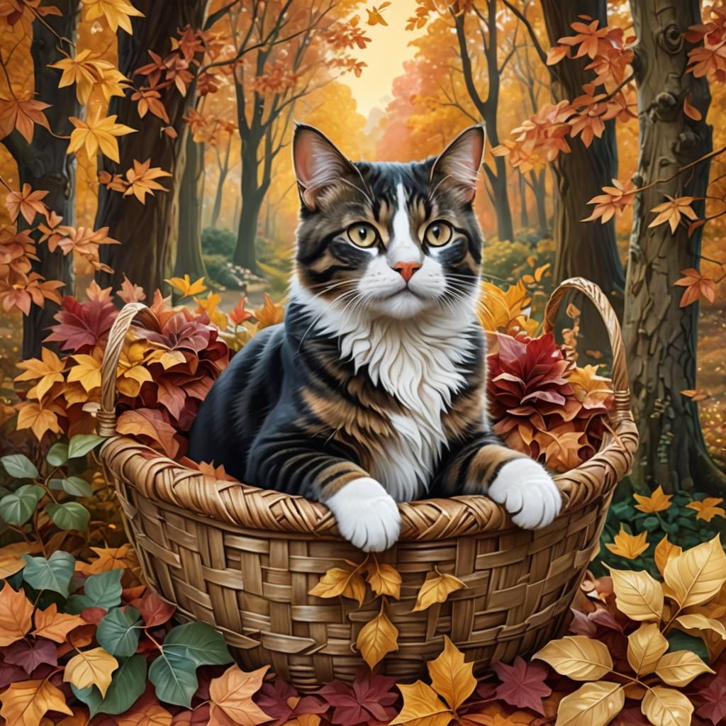 Cute Cat and Dog Cuddle in Autumnal Basket