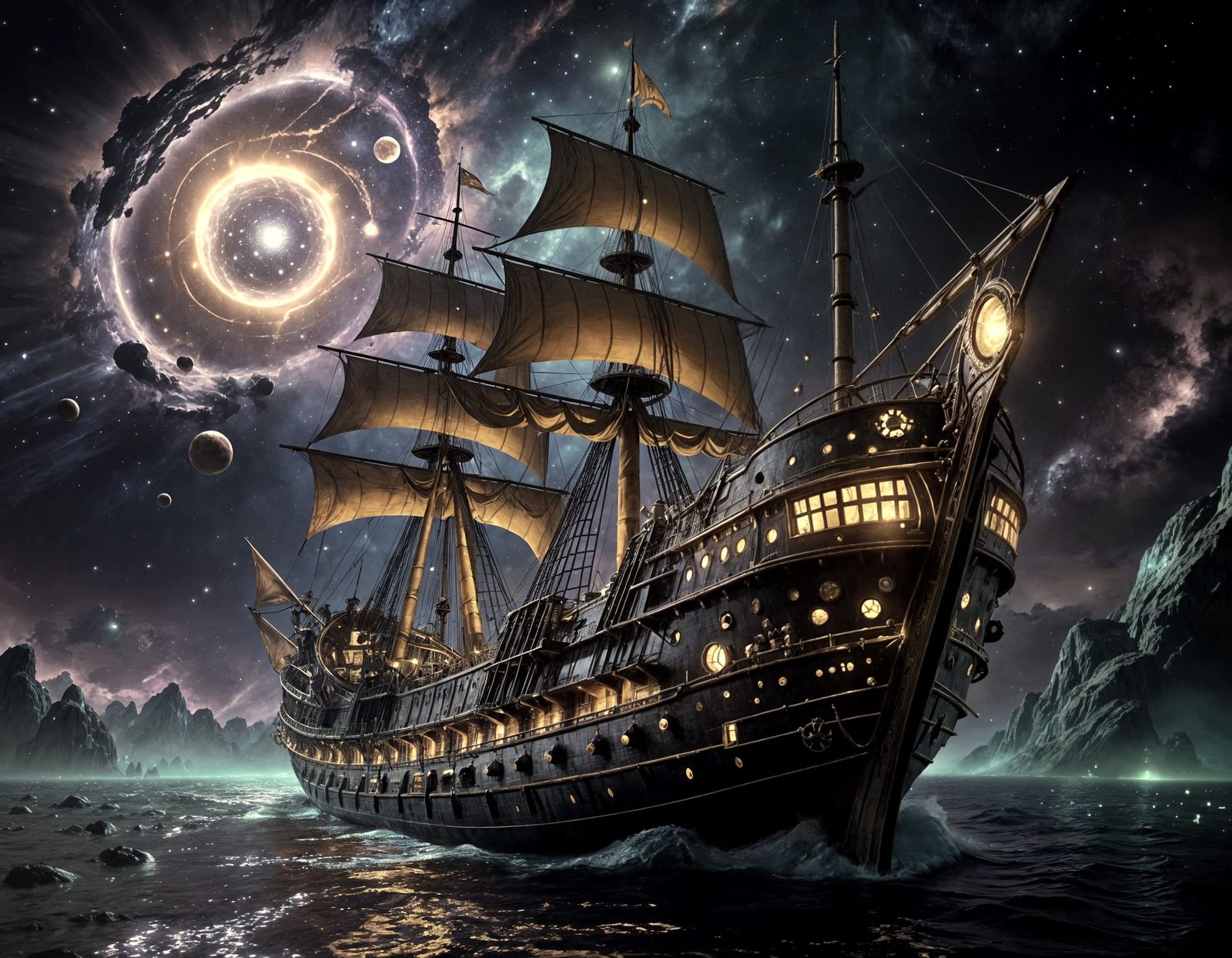 Epic Medieval Steam Punk Space Sailing Ship in Vibrant Hues