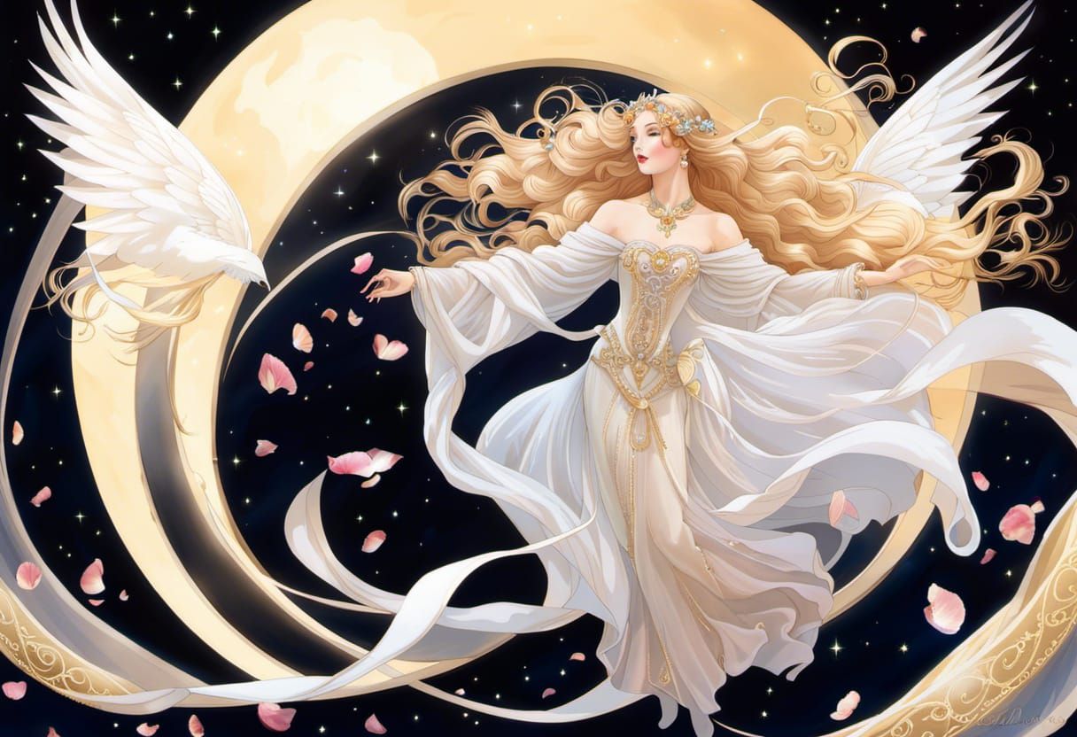 Victorian Goddess with Golden Hair and Rose Petals