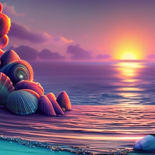 Sunset Beach Scenery with Shells: Fantasy Art