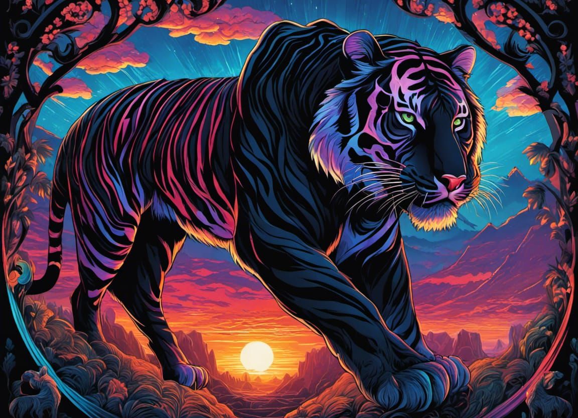 Gothic Black Tiger Portrait in Dreamy Comicbook Style