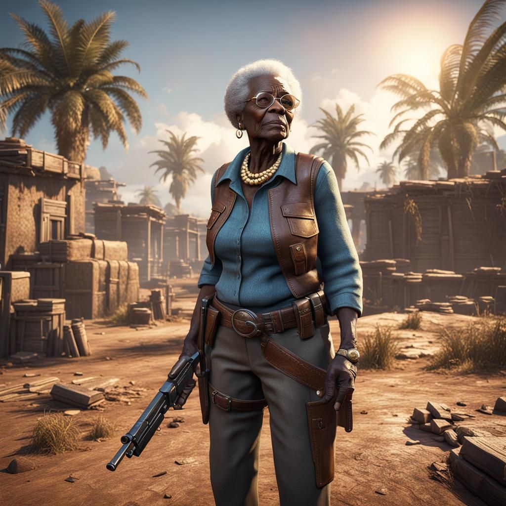 Elderly Woman with Pistol in Cinematic 3D Style