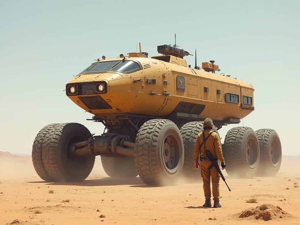 Gigantic Desert Vehicle in Post-apocalyptic Wasteland