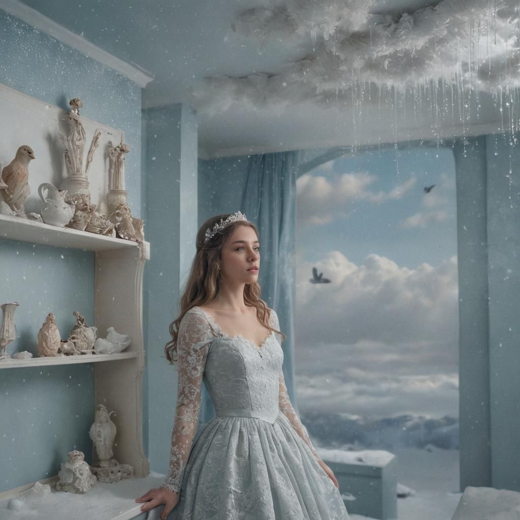 Princess in Snowy Sky Flood: Surrealist Dreamscape