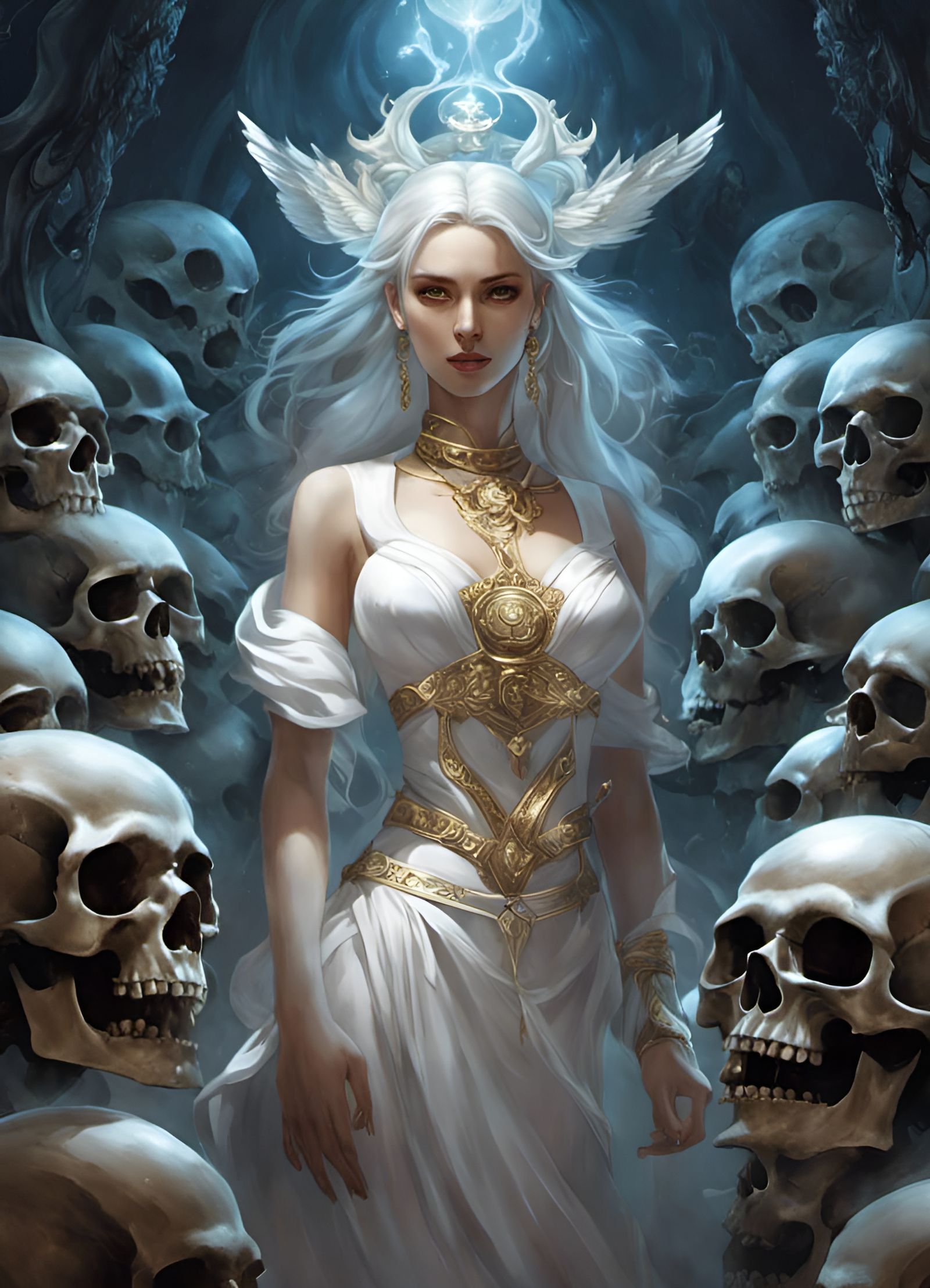 Benevolent Android Necromancer Surrounded by Skulls