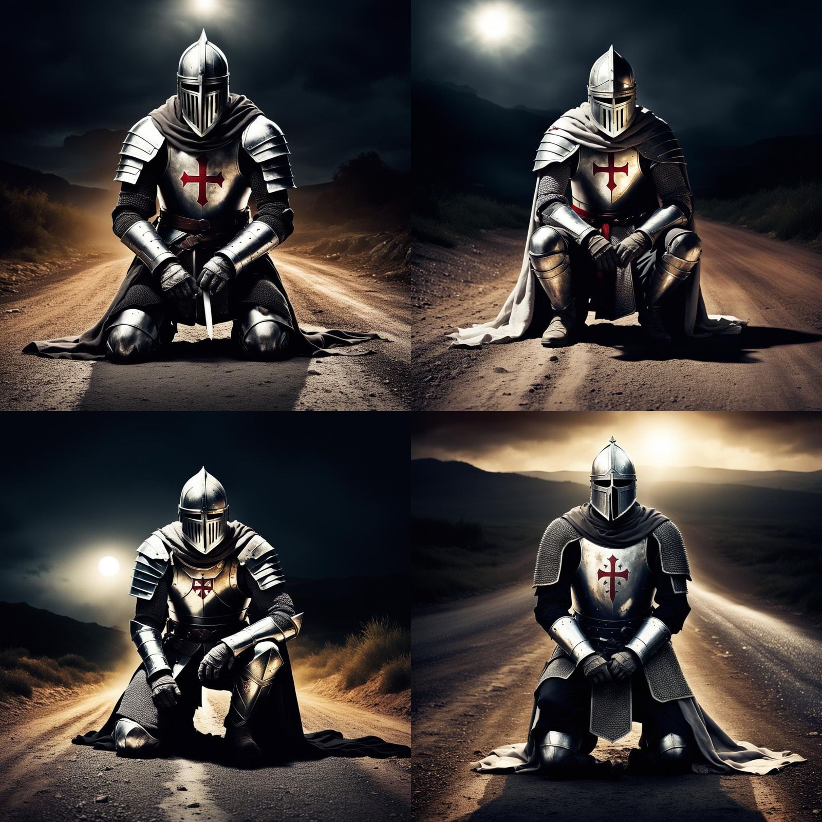 Templar Knight Kneeling on Dusty Road