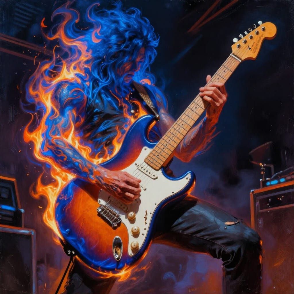 Fiery Fender Stratocaster in Smoky Concert Hall