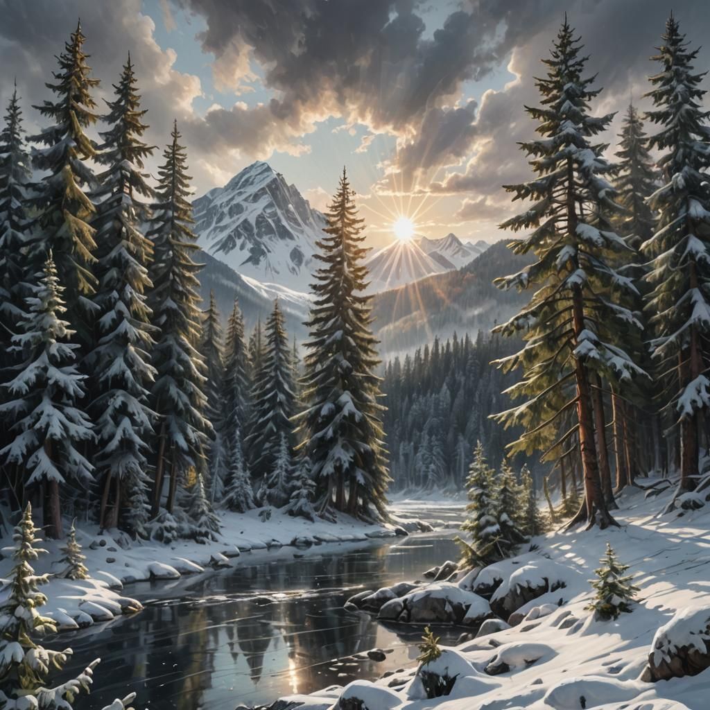 Winter Forest Landscape with Mountains in Hyperrealistic Sty...