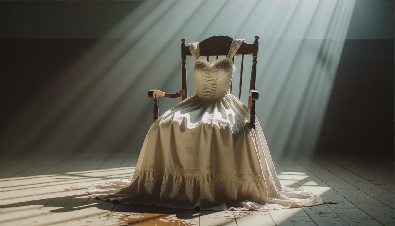 Mud-Stained Victorian Dress on Chair in Spotlight