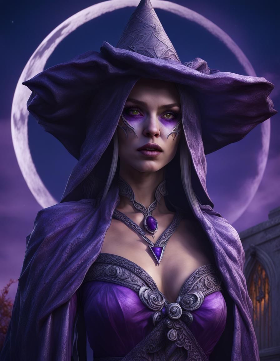 Hyperrealistic Sorceress in Cemetery Under Full Moon