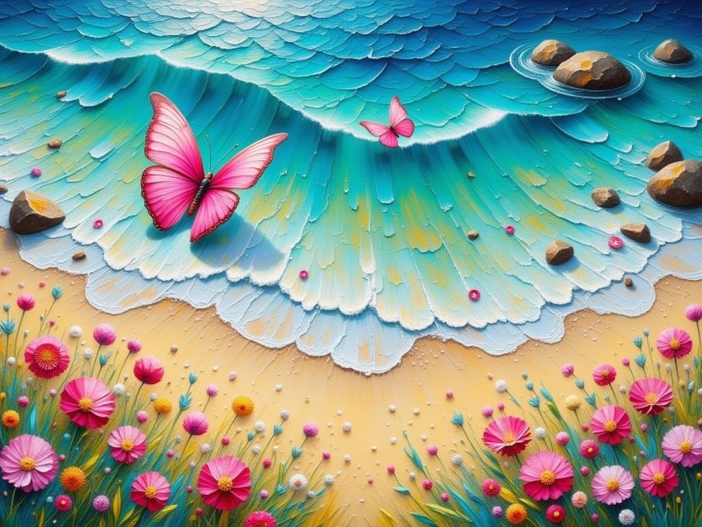 Impasto Oil Painting of Pink Butterfly Over Turquoise Beach