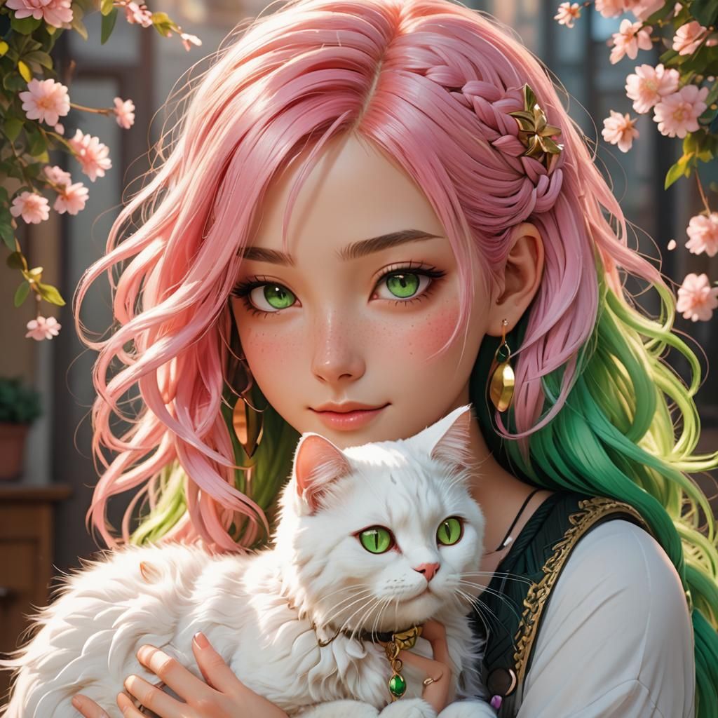Anime Woman Petting Cat in 3D Art