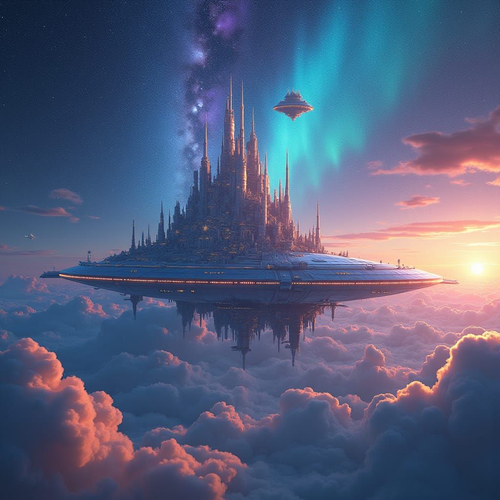 Futuristic Space City Orbiting Milky Way