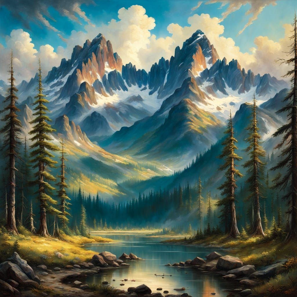 Mountain Range in a Bierstadt-Inspired Landscape