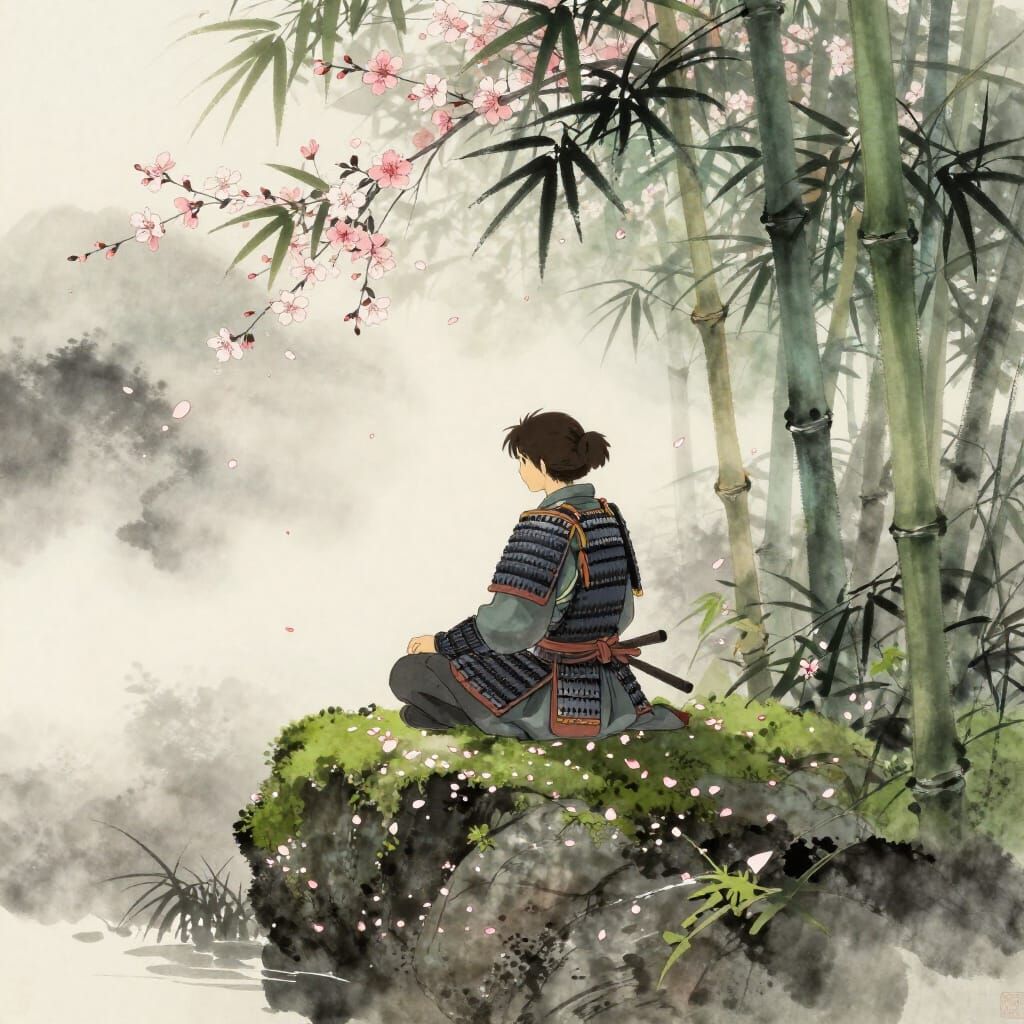 Samurai Meditating in Bamboo Forest with Cherry Blossoms