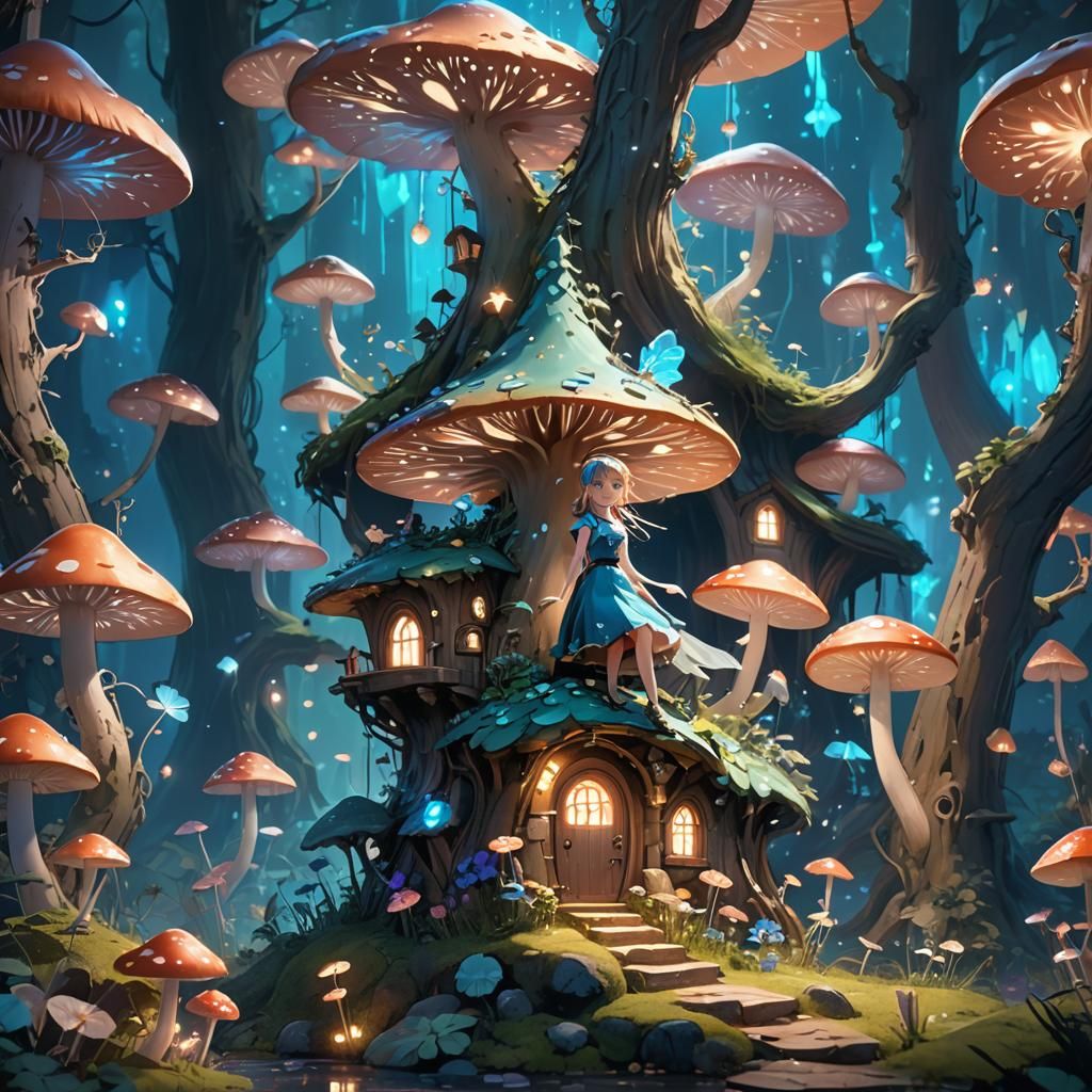 Enchanted Bioluminescent Forest Home in Anime Style
