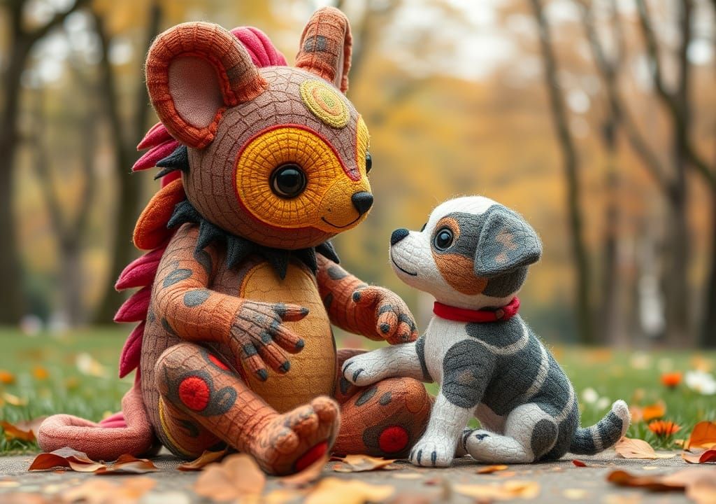 Cute Plushie Creature Plays with Puppy