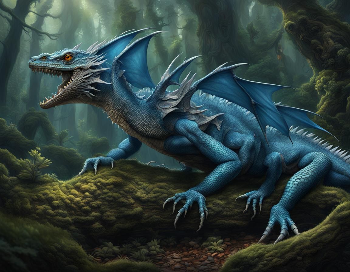 Blue Six-Legged Dragon-Lizard in High-Fantasy Forest