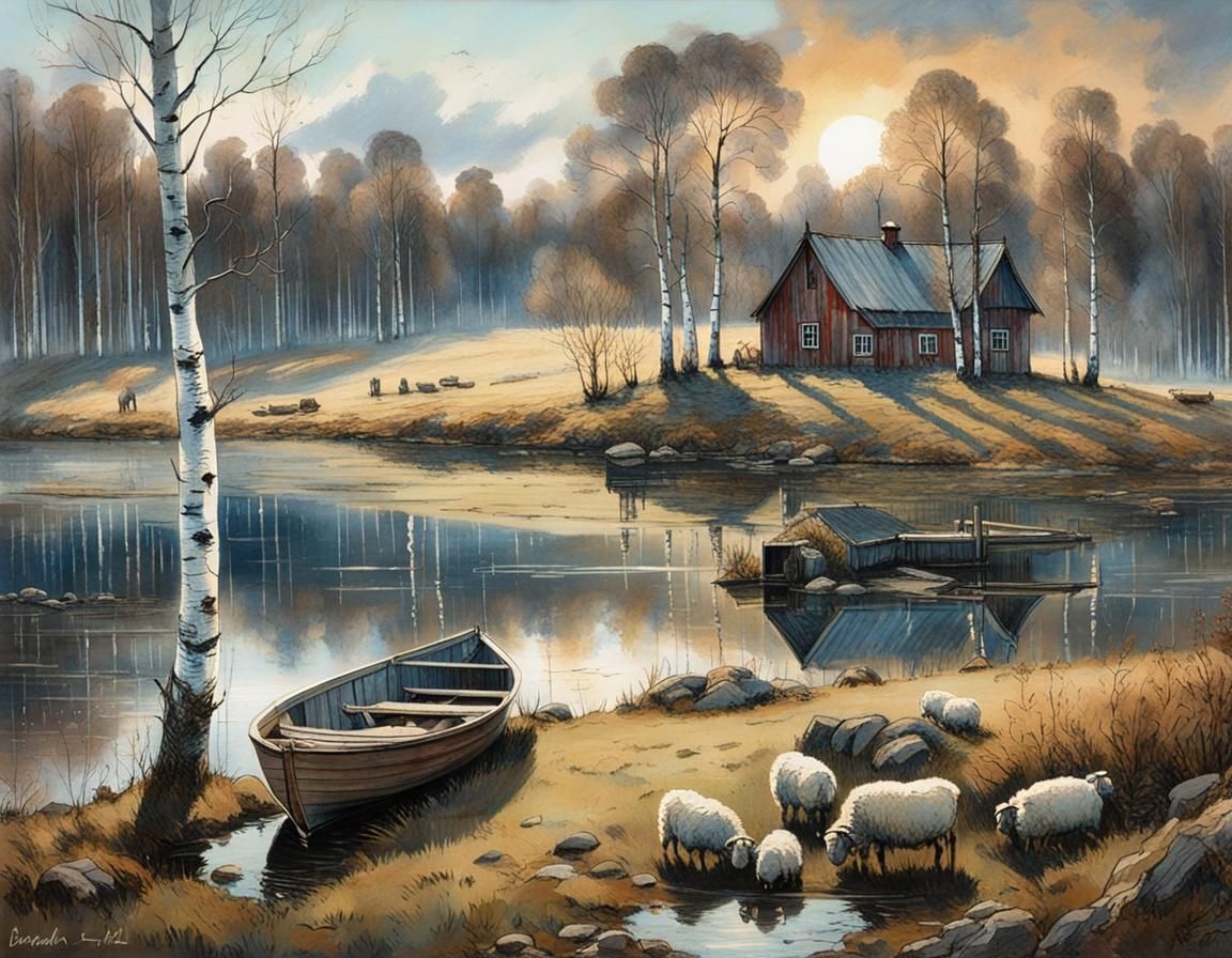 Idyllic Swedish Farm Scene in Art Nouveau Style